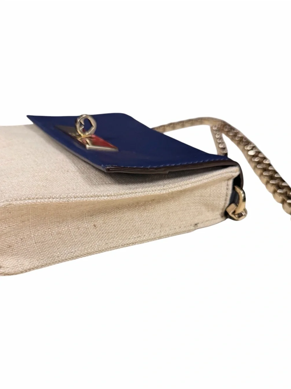 Kate Spade Navy Leather Beige Canvas Gold Chain Crossbody Mini Shoulder Bag